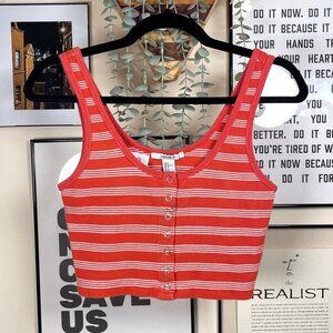 Forever 21 Red Striped Henley Crop Tank - Size Medium